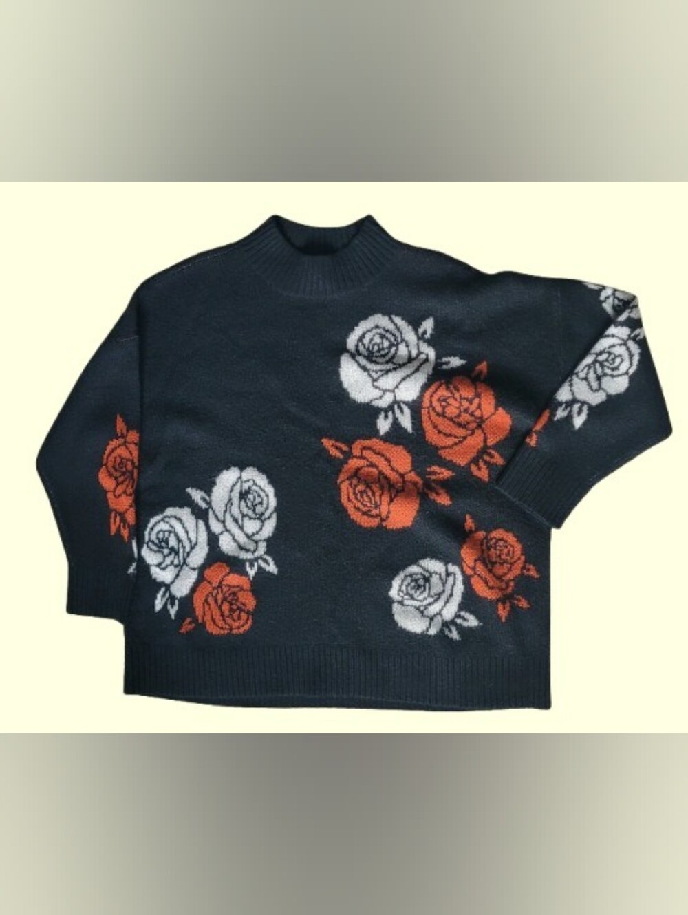 Torrid Black FLORAL PRINT Sweater with Orange and White Rose Motif, SIZE 1X